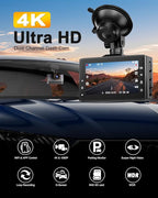 Dual Dash Cam Front and Rear 4K+1080P, 64GB Card Included, Built-in WiFi Dash Camera for Cars with APP, 24H Parking Mode, Night Vision, G-Sensor, Loop Recording, WDR, 170° Wide Angle, 3”IPS Screen
