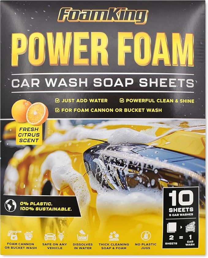 Foam King Car Wash Soap Sheets - 5 Car Washes, No Plastic Bottle, Concentrated Foam Wash Soap - For Foam Cannons, Foam Guns, Bucket Wash. Safe for Cars, Trucks, Motorbikes - 10 Sheets, Citrus Scent