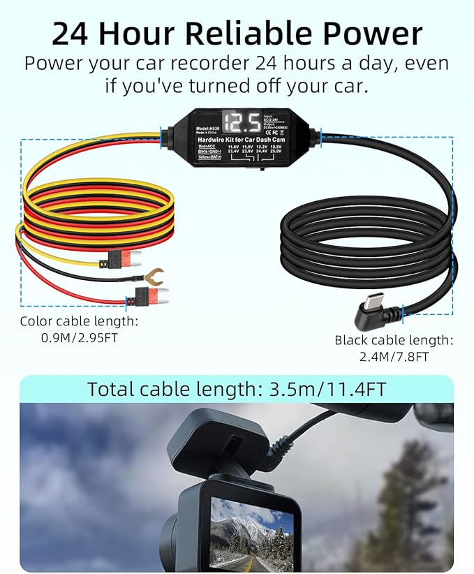 Dash Cam Hardwire Kit,12V-24V to 5V/3A USB C Dash Camera Hardwire Kit with Digital Display and Low Voltage Protection,24 Hours Surveillance and Acc Mode for Dash Camera(3.5M/11.4FT)