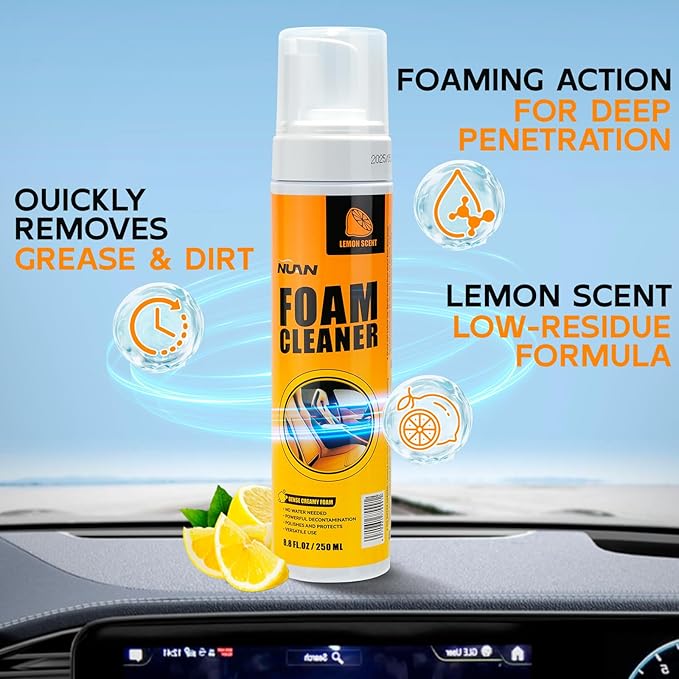 NUAN 2PCS Foam Cleaner for Car, Lemon Scent Car Interior Cleaner, Safe and Quick Remover Stains Multi-Purpose Foam Spray for Car Steering Wheel, Car Seat, Leather and House, 8.4 FL OZ, 250 ML
