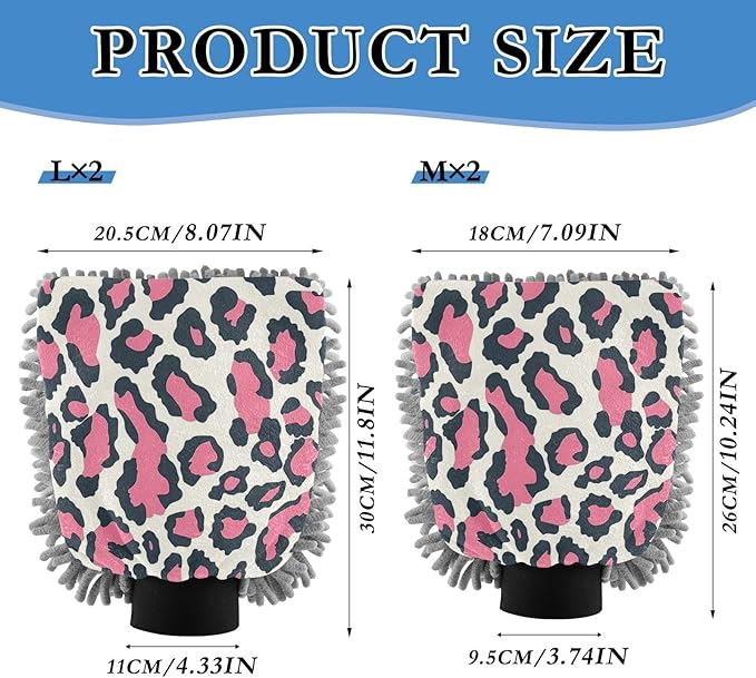 ALAZA Pink Leopard Print Cheetah Car Wash Mitt Scratch Free, 2 Pack Absorbent Microfiber/Chenille Washing & Drying Mitts, M