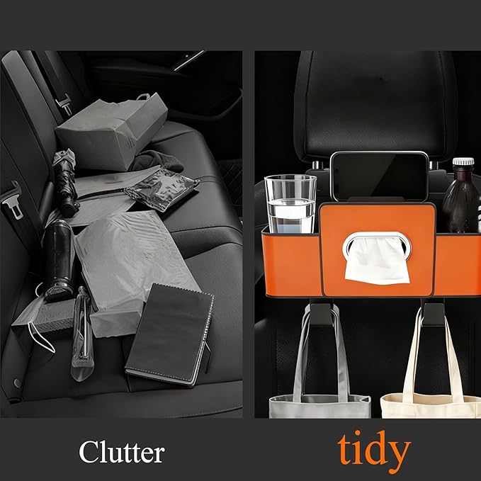 3-in-1 Car Backseat Organizer with Dual Cup Holders, Seat Back Storage Box, Built-in Tissue Holder, Adjustable Universal Design for Neat and Practical Car Interior Storage (White)