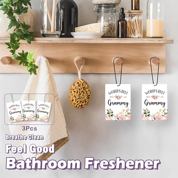 Grammy Grandma Gifts Car Air Freshener Accessories 3pcs,World's Best Gifts for Granmda Christmas, Pink Flower Rustic Hanging Scent Lavender Fragrance Card for Women Closet Bathroom Home Decor