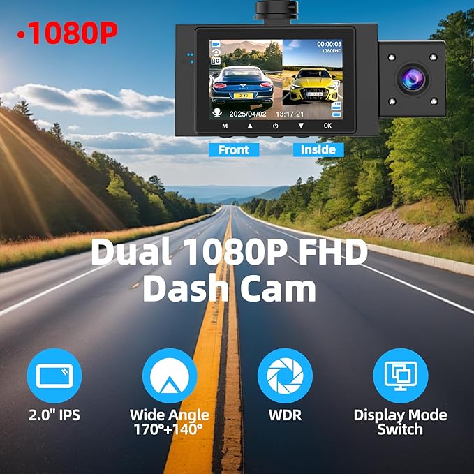 Dual Dash Cam Front and Inside, FHD 1080P Dashcam with 64GB Card, DashCamera for Cars with Night Vision, 24H Parking Monitor, Loop Recording, G-Sensor, WDR, 2.0" Screen for Taxi