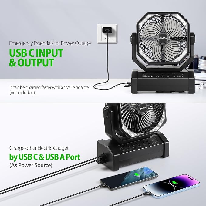AddAcc 20000mAh Rechargeable Camping Fan - Battery Operated Fan with Light & Remote, Auto Oscillating, 4 Timer, 60 Hrs Work Cordless Tent Fan for Travel Outdoor RV Garage Power Outage Emergency