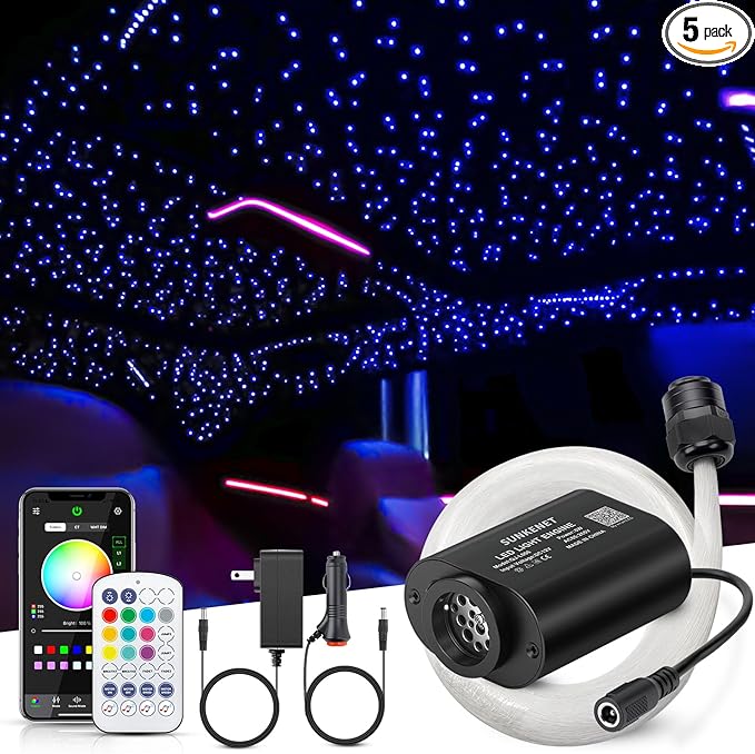 6W Mini Size Twinkle 450pcs of (0.03+0.04+0.06in)*9.8ft Starlight Headliner Kit, Star Lights for Car with Bluetooth APP/Remote Control/Music Effect, RGBW Fiber Optic Lights for Home Ceiling