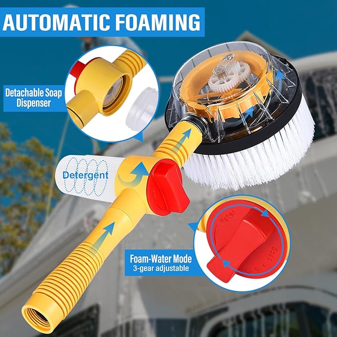Toolly Car Wash Brush Cleaning Kit, 360° Spin Car Mop, Microfiber Rotating Car Cleaning Brush, Detachable & Extendable Scrub Brush, Garden Hose Spray Nozzle Spray Gun for Cars, Yards, Garden, Pets