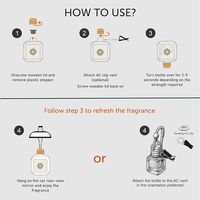 Llum Lemongrass Hanging Car Air Freshener – Luxury Automotive Perfume Diffuser 10ml (0.34 fl oz), Long-Lasting Fragrance, Alcohol-Free Non-Toxic Scent, Glass Bottle With Wood Cap & AC Vent Clip
