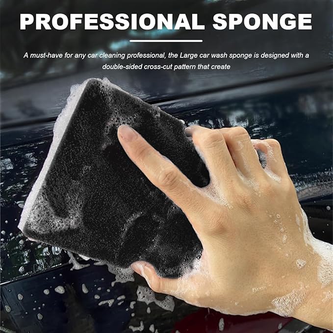 Car Wash Sponge, Large Scratch-Free Cross Cut Sponge for Soap and Rinseless Washing, Durable Ultra Soft Foam Grid Extra Absorbent Car Cleaning Sponge Pad, Car Accessories (Black)