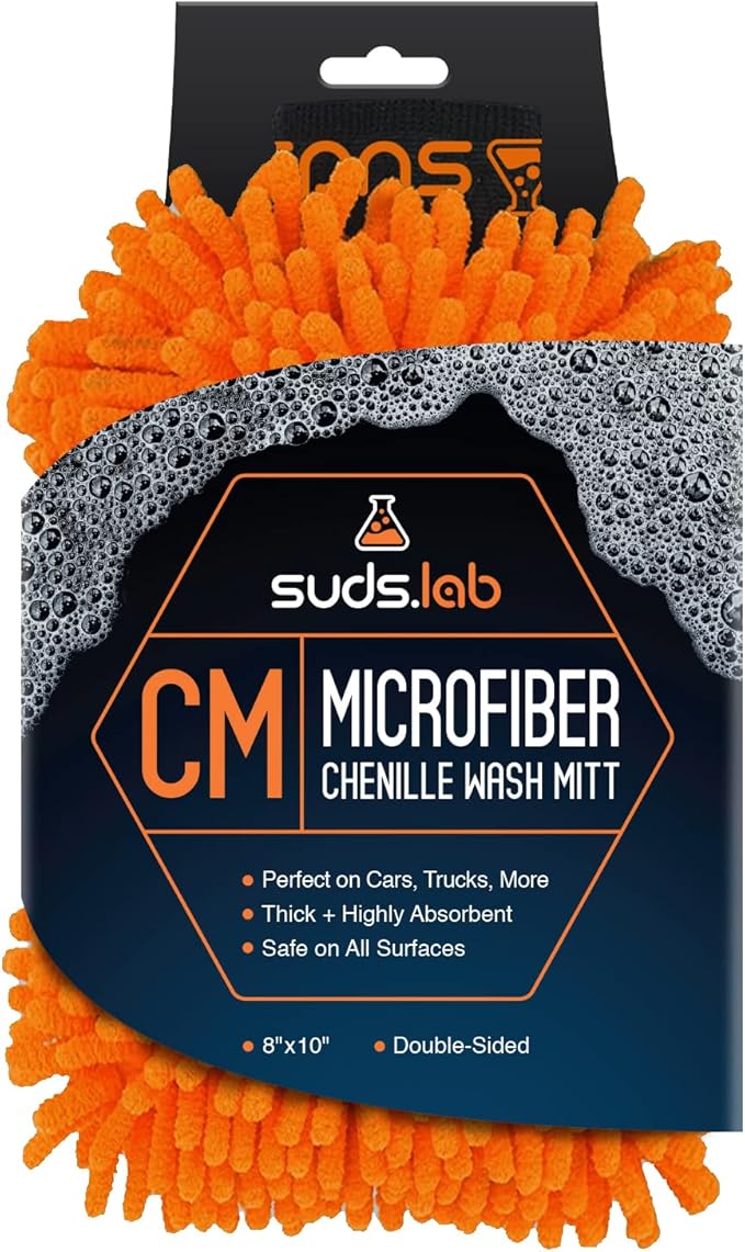 Suds Lab CM Chenille Microfiber Wash MItt - Double Sided Car Wash Mitt - Scratch Free On All Vehicle Surfaces - 8" x 10"