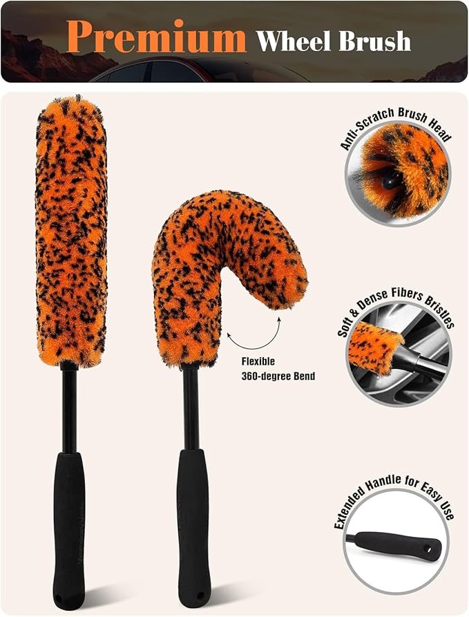YeewayVeh 7PCS Motorcycle Cleaning Kit with 2-Size Bendable Wheel Brushes-Hard Reach Brush,Tire and Chain Brush, Boar Hair Detailing Brush, Wash Mitt & Microfiber Towel for Dirt Bike & Car Wheels