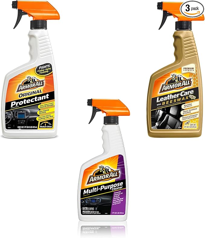 Armor All Car Cleaner Kit: Car Cleaner Spray Bottle + Protectant Spray + Leather Care with Beeswax, 16 Fl Oz - Complete Car Interior Care Combo