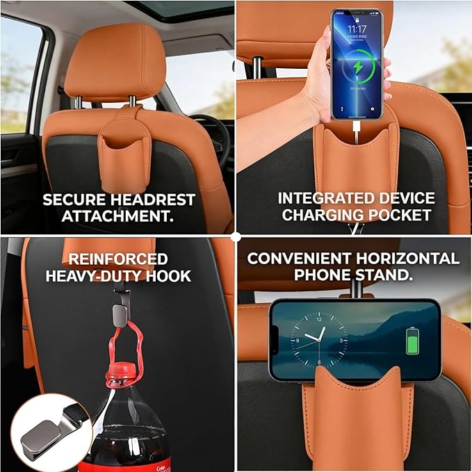 Car Seat Back Organizers Set of 2 with Leather Cup Holder and Headrest Hook, Universal Backseat Phone Mount & Storage Bag (Coffee)