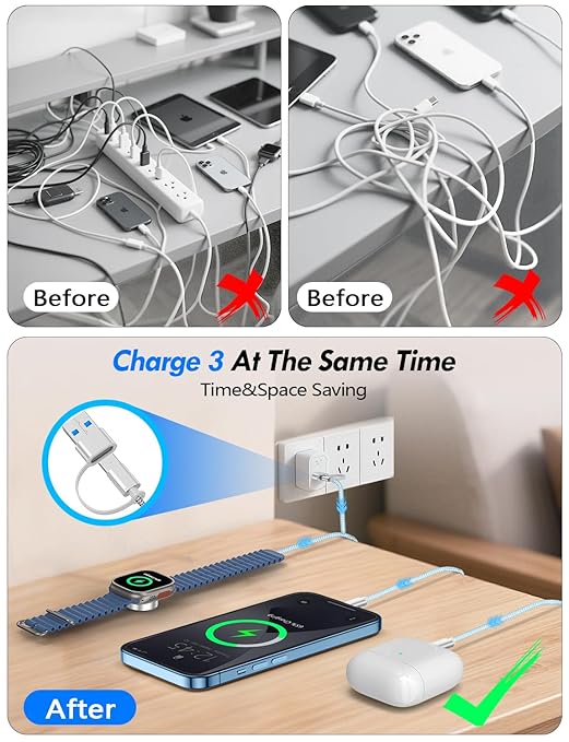 1Pack Multi Charging Cable Cord for Travel Essentials,Apple Watch Charger,iPhone Charger,[3-in-2] Type C/L Cable Portable Designed for iWatch,iPhone 17-8,Galaxy S25-21,AirPods,iPad-4FT Blue