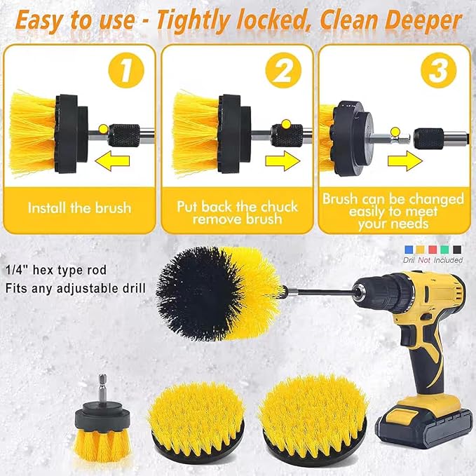 7-Piece Drill Brush Attachment Set, Multi-Purpose Power Scrubber Kit with Extension Rod – Nylon Bristle Brushes for Car, Bathroom, Tile, Grout Cleaning (Fits Most Handheld Drills)