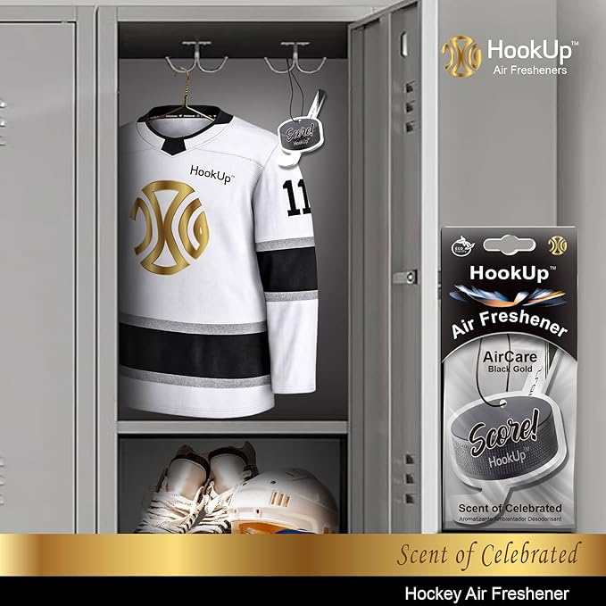 Hockey Car Air Freshener by HookUp - 50 Pack - Black Gold Scent (Extra Strong) | Unique Hockey Gift for Players, Coach, Fans | Hanging Car Accessory with Long Lasting Fresheners Smell