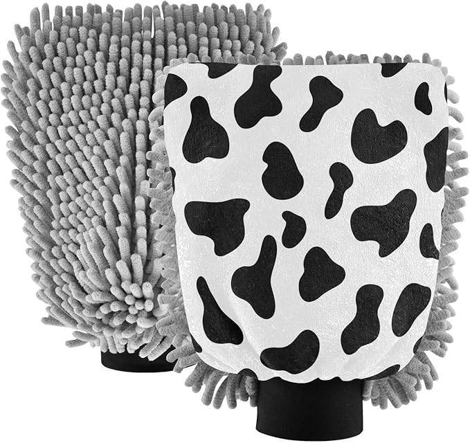 Qilmy Cow Print Pattern Microfiber Chenille Car Wash Sponge Scratch Free Car Wash Mitt Absorbent Mitt Sponge for Trucks SUVs Car Washing Home Cleaning, Large