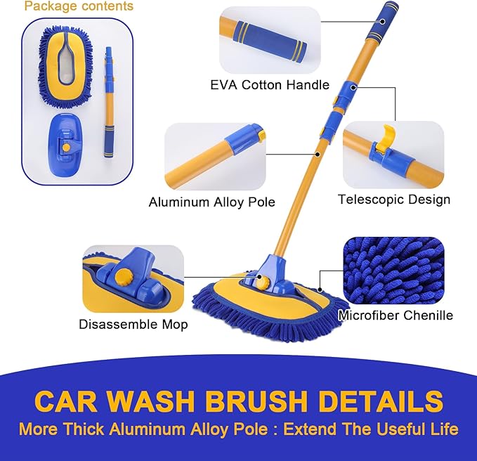 15° Curved Car Wash Brush with 43" Telescopic Handle – Microfiber Chenille Car Wash Mop for RV, SUV, Truck & Boat – Soft, Scratch-Free Extendable Cleaning Tool (Blue&Yellow)
