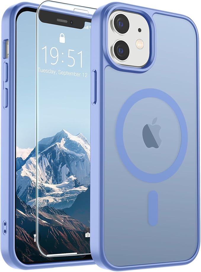 SUPFINE Magnetic for iPhone 12 Mini Case & iPhone 13 Mini Case with Screen Protector (Compatible with MagSafe) (Military Grade Drop Protection) Translucent Matte Shockproof Phone Cover,Blue Purple