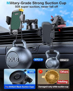 HTU 2026 Upgraded [True Military-Grade] Car Phone Holder【Safety Certs & No Smell】 Cell Phone Holder for Car Mount for Dashboard Windshield Air Vent Long Arm Thick Case,Green