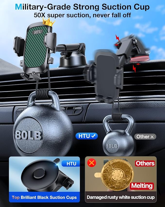HTU 2026 Upgraded [True Military-Grade] Car Phone Holder【Safety Certs & No Smell】 Cell Phone Holder for Car Mount for Dashboard Windshield Air Vent Long Arm Thick Case,Green
