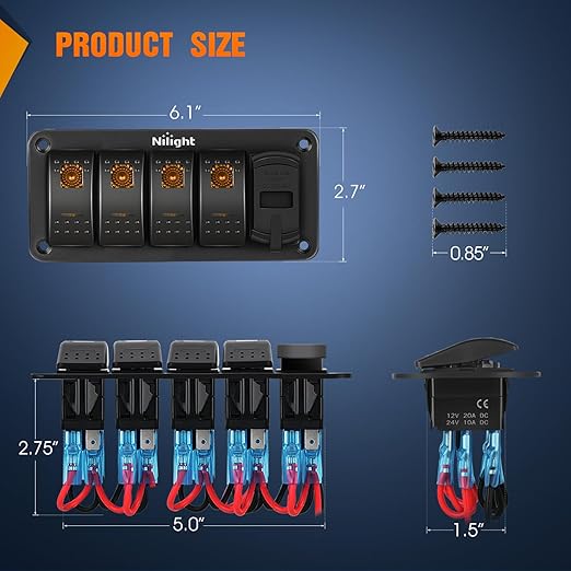 Nilight 4 Gang Rocker Switch Panel with PD Type C and USB Charger Voltmeter 12V SPST ON Off Toggle Switches with Orange Backlit Waterproof Aluminum for Boats Cars RVs Trucks