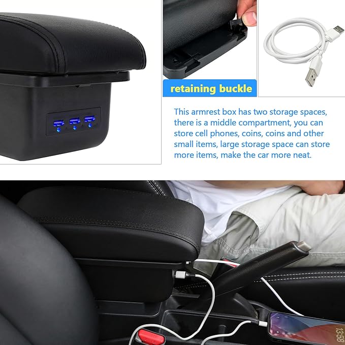 AULPHIKE Compatible with Nissan Versa Armrest 2012-2019 Car Center Console Organizer Armrests Double Layer Storage with 3 USB（Black）