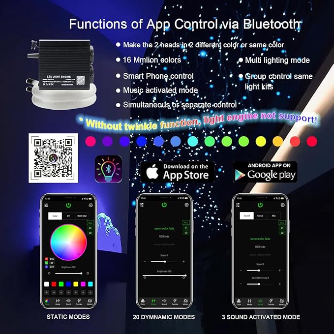 Small Size AKEPO 32W Dual-Head Different Color APP Fiber Optic Lights, 1100pcs of 0.03in Optical Fibers in 13.1ft+RGBW Sound Activated Fiber Optic Star Ceiling Light Kit for Car Headliner Star/Home