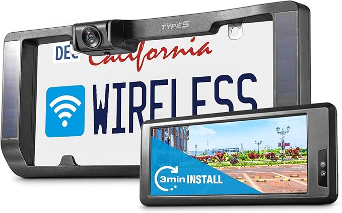 Type S Solar-Powered Wireless Backup Camera with Adjustable Lens 6.8" Touch Screen LCD Rear View Wireless Camera Back up Camera License Plate Camera with Night Vision (Upgraded Version)