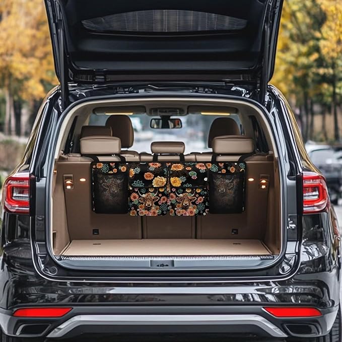 Boho Mandala Highland Cow Car Trunk Organizer with 4 Compartments Floral Flowers Car Storage Bag Multipurpose Cargo Bag