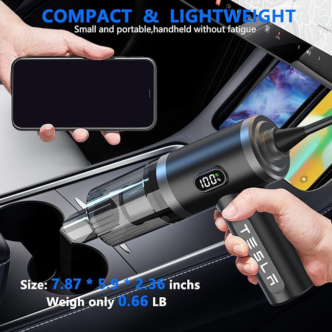Foldable Car Vacuum Cleaner for Tesla Model 3 Y X S, 4-in-1 Cordless Handheld Vacuum,12000PA High Power, Tesla Mini Portable Car Vacuum with LED, Tesla Model Y 3 X S Accessories 2025-2017