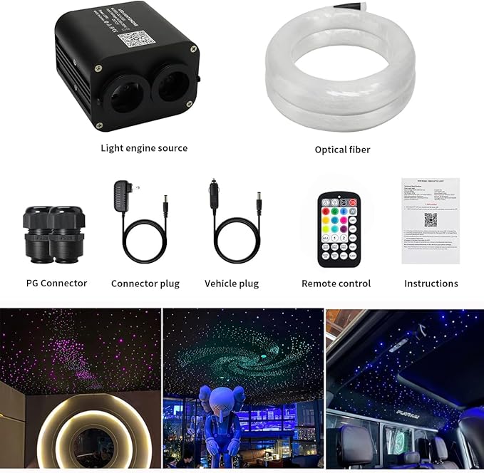 AZIMOM Dual Color 20W Twinkle 1000pcs Fiber Optic Starlight Headliner Kits 0.03in 13.1ft Fiber Strands End Glow Sound Activated Remote APP Control RGBW Light Source Home Ceiling Car Headliner Décor