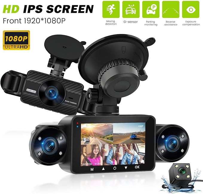 SIXTOP 360 Degree View 4 Channel Dash Cam,1080P Front and Rear Inside Left Right Dash Camera for Cars, 3" IPS Screen Night Vision, G-Sensor, 24H Parking Mode,Wide Angle Loop Recording,Reverse Assist