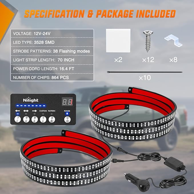 Nilight 2PCS 70 Inch Emergency Strobe Light Strip with Controller 864 LED Blue Running Board Lights Flexible Side Flashing Warning Caution Safety Waterproof for Truck Construction Pickup