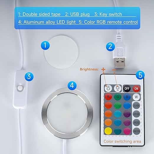 Remote Control RGB LED Lamp Kit 001 with Power Off Color Storage for Bambu Lab H2D/X1/P1P/A1 Includes Button Battery Makerworld 3D Printed DIY Hardware Model Spare Parts 5V USB Powered