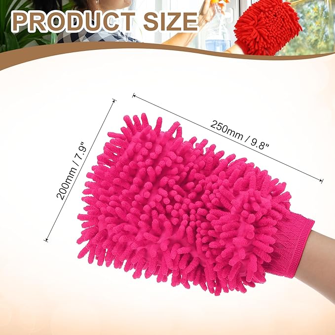 HARFINGTON Premium Chenille Microfiber Car Wash Mitts 9.8" x 7.9" Scratch Free Wash Gloves Absorbent Double Sided Plush Cleaning Drying Mitts for Car Washing Home Rose Red