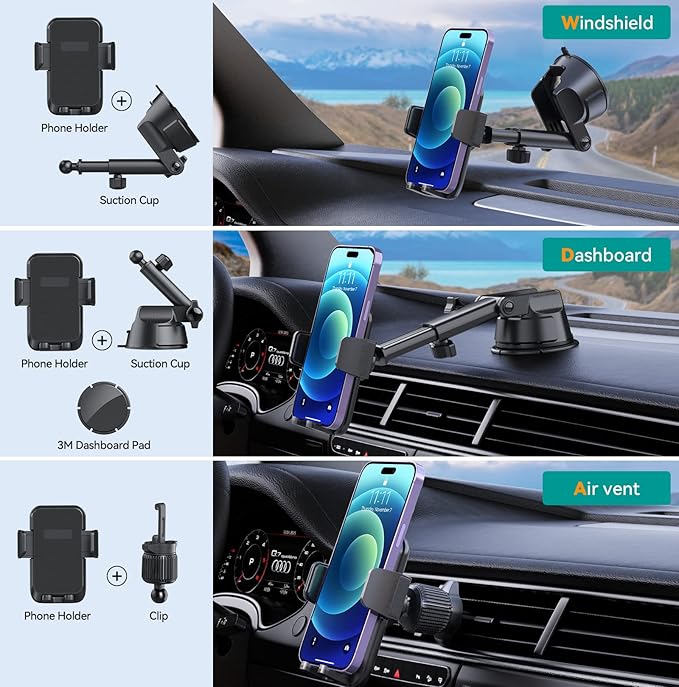DOLYOFG Car Phone Holder Mount, [Military-Grade Suction & Super Sturdy Base] 3 in 1 Universal Phone Mount for Car Dashboard Windshield Air Vent Dash Pad Car Mount for iPhone Android Smartphone