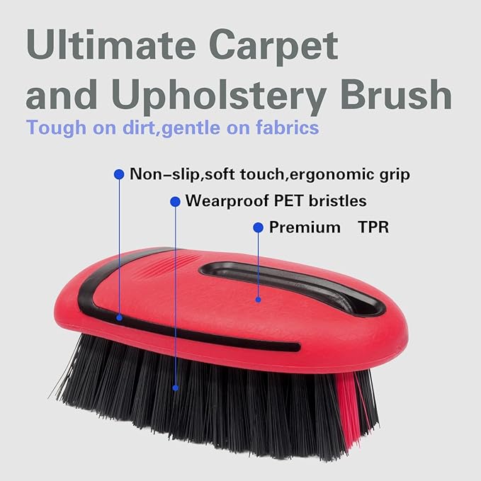Carpet and Upholstery Cleaning Brush,Carpet Scrubber Stiff Bristle Detailing Scrub Brushes,Interior Leather Brush for Car and Home (Red)