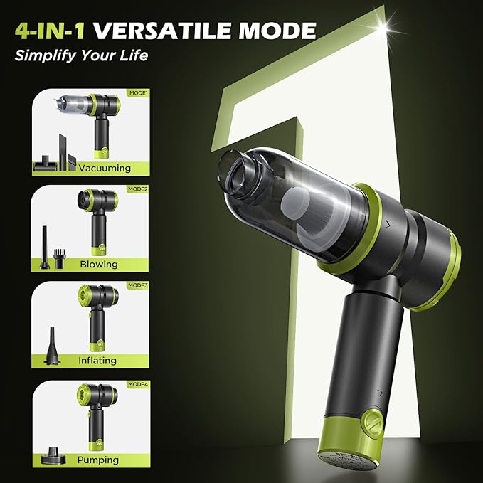 Handheld Car Vacuum Cleaner, 4-in-1 Cordless Rechargeable Mini Vacuum with Air Duster – Quickly Clean Crumbs, Pet Hair & Crevices in Car, Office, Home. Ideal for Commuters & Office Workers (Green)