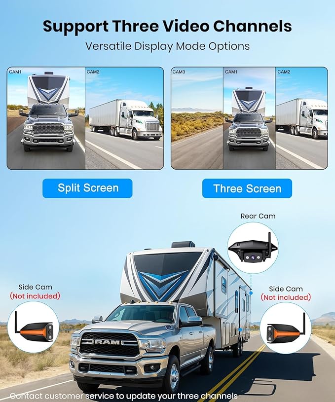 AUTO-VOX RV Backup Camera Wireless Plug and Play: Compatible with Pre-Wired RV, IR Night Vision, HD 1080P 7.2'' DVR 3-Channels, Stable Signal & Wide Angle Rear View Camera for Trailer Camper Motorhome
