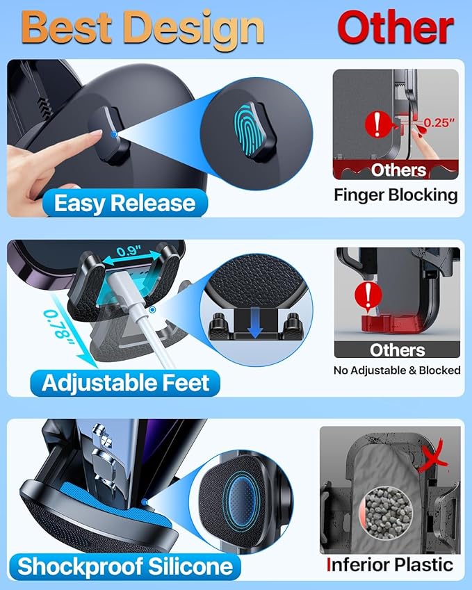 HTU 【Military-Grade Car Phone Holder,【Strongest & Longest Steel-Hook】 Car Vent Mount, Handsfree 360° Adjustable Automobile Cradle Air Clip Stand for iPhone 17 16 15 14 Pro Max Samsung (Graphite Gray)