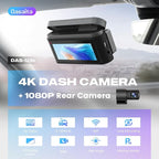 Dasaita 4K Dual Dash Cam with 2160P Front & 1080P Rear Camera, 3.2" IPS HD Display, 170° Wide Angle, WiFi, WDR, G-Sensor, Loop Recording, Car Charger Power Cable, Night Vision-DAS-U3s