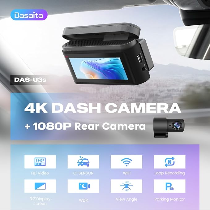 Dasaita 4K Dual Dash Cam with 2160P Front & 1080P Rear Camera, 3.2" IPS HD Display, 170° Wide Angle, WiFi, WDR, G-Sensor, Loop Recording, Car Charger Power Cable, Night Vision-DAS-U3s