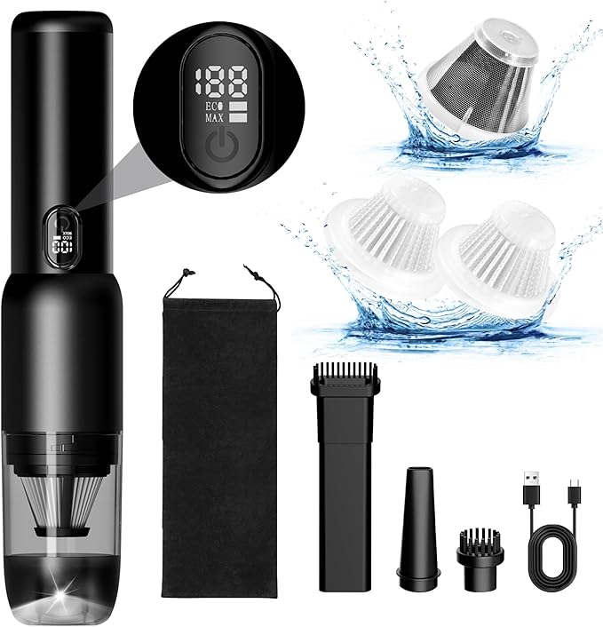 Handheld Car Vacuum Cleaner, Cordless Portable 20KPA Powerful Suction With LED Light, 2-in-1 Air Inflator, Low Noise Rechargeable Mini for Car Home Pet Office