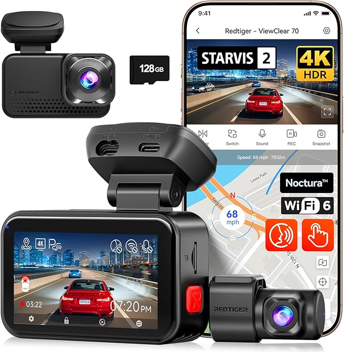 REDTIGER ViewClear 70 4K+2.5K Dash Cam Front and Rear, 8MP STARVIS 2 IMX678 Sensor, Dual HDR Hyper Night Clarity, 5.8GHz WiFi 6, 30MB/S Fast Download, Dash Camera with 24H Parking Monitor