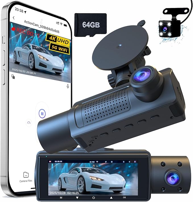 4K 3 Channel Dash Cam Front and Rear Inside, 360 Degree Dash Camera for Cars with 5GHz WiFi & App Control, 2160P+1080P+1080P Triple Dashcam with 64GB Card, G-Sensor, Night Vision, WDR, Parking Monitor