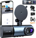 4K Dash Cam, Dash Camera Front Inside Rear, WiFi Dashcam for Cars with 64G Card, 3.16" IPS Screen, Night Vision, WDR 24H Parking Mode, G-Sensor, Loop Recording, 170° Wide Angle, APP Control