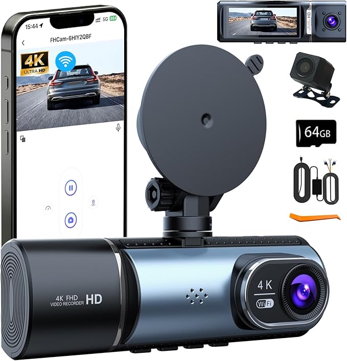 4K Dash Cam, Dash Camera Front Inside Rear, WiFi Dashcam for Cars with 64G Card, 3.16" IPS Screen, Night Vision, WDR 24H Parking Mode, G-Sensor, Loop Recording, 170° Wide Angle, APP Control
