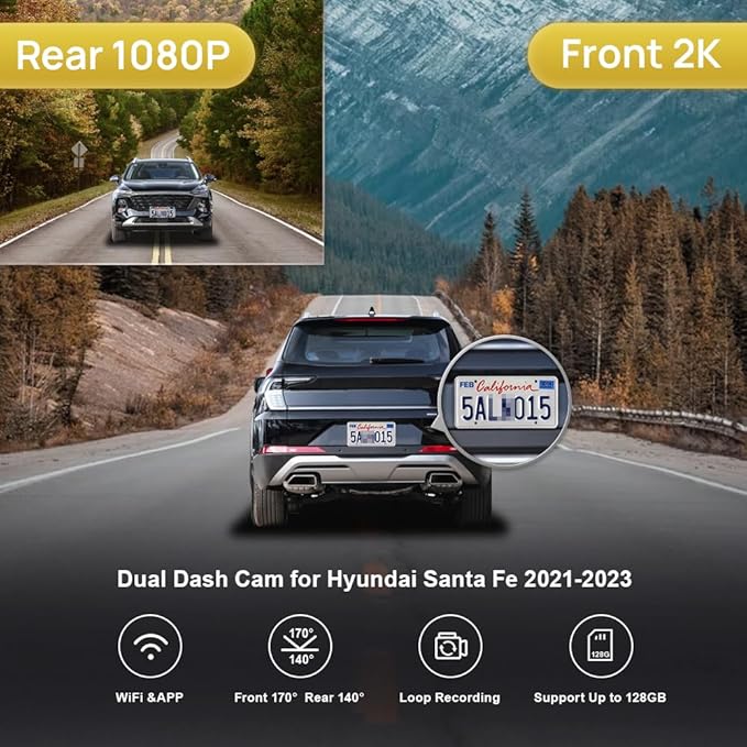 Fitcamx Front 2K+Rear 1080P Dash Cam Adapts for Hyundai Santa Fe 2021-2023 (#S1500 S2500) with Auto-Dimming, OEM Look, Dual HD Video, WiFi & APP, Loop Recording, G-Sensor, Easy to Set, 64GB Card