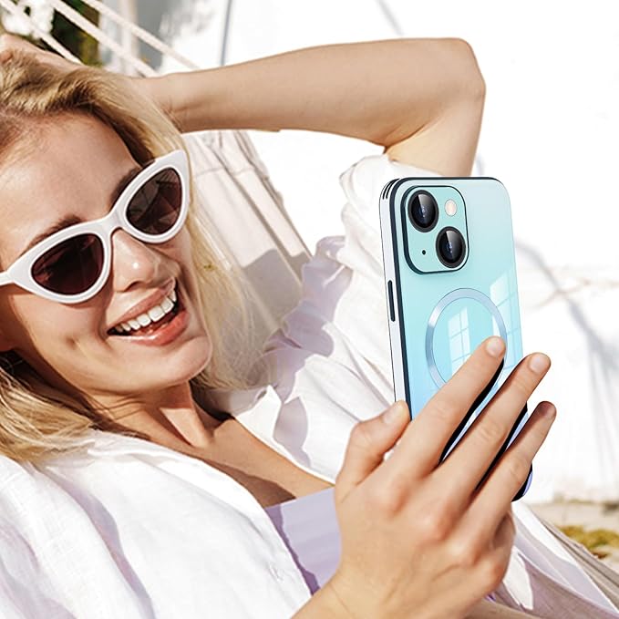 Guppy Compatible with iPhone 15 Plus Case Magnetic, with Full Camera Lens Protector [Compatible with MagSafe] Scratch Resistant Gradient Glass Back Cover Phone Case-Blue